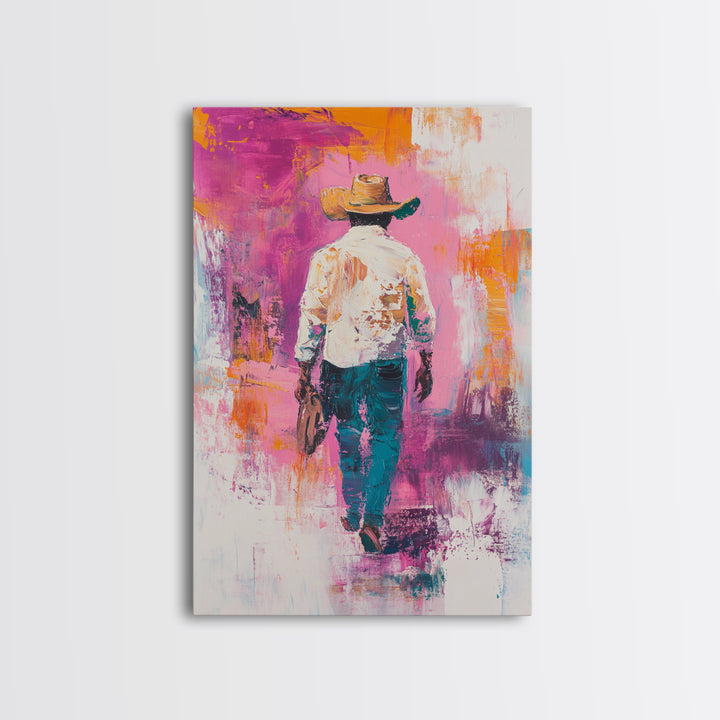 Cowboy Walking, chicano art, western aesthetic, rustic wall art, farmhouse art, moody art, bold colors, Framed Canvas Print