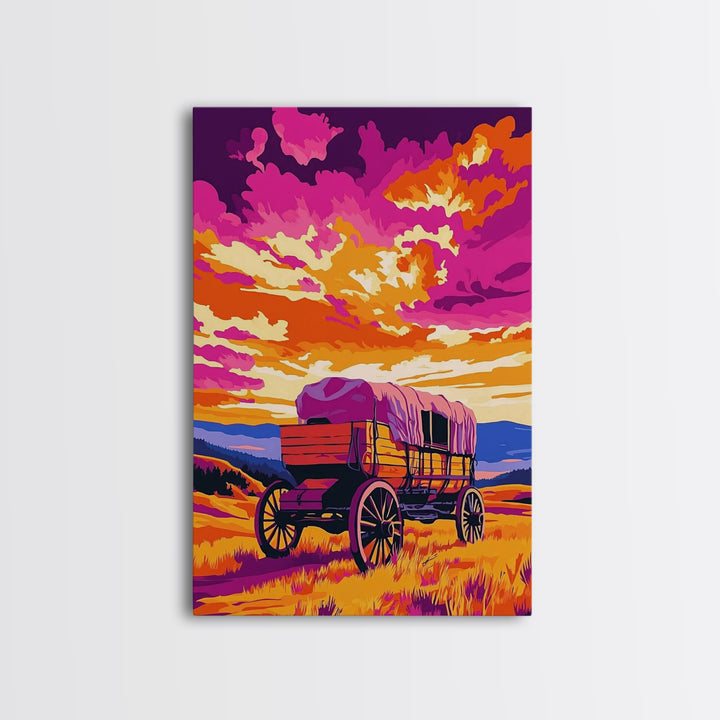 Covered Wagon, Sunset Painting, Western Landscape, Rustic Art, Canvas Print, Southwest Wall Art, Farmhouse Art, Living Room Art