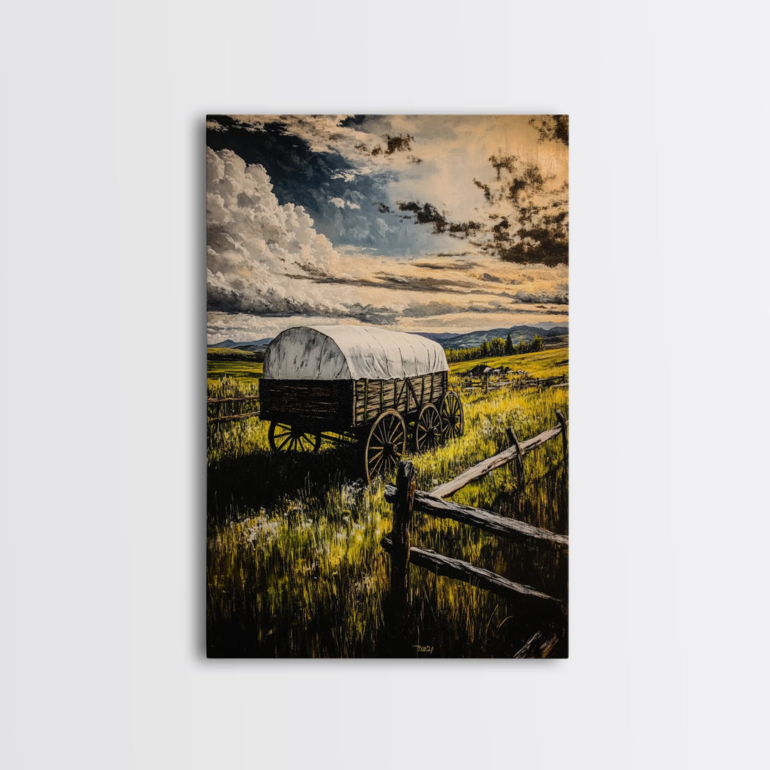 Prairie Wagon, Stormy Sky, Western Landscape, Framed Canvas Print, Rustic Wall Art, Barn Landscape Oil Painting, Farmhouse Art, Moody Art