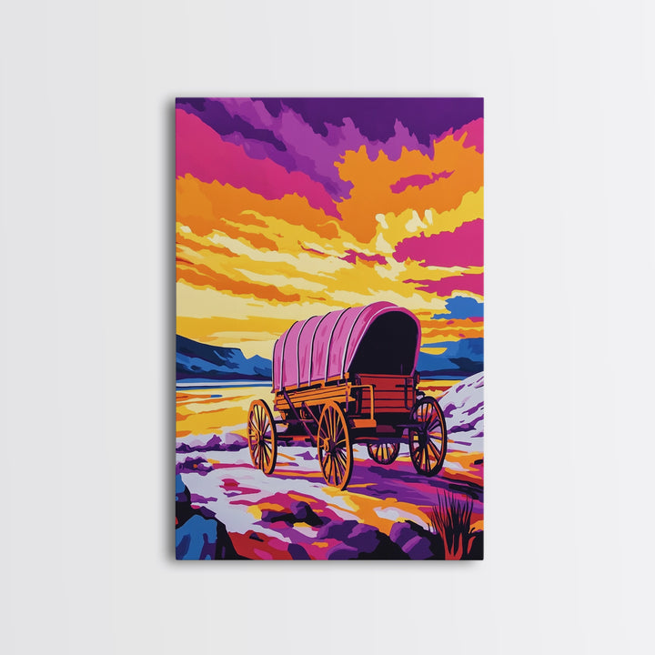 Colorful Wagon, pink orange wall art, landscape painting, southwest wall art, farmhouse art, boho art, framed canvas print, above bed art