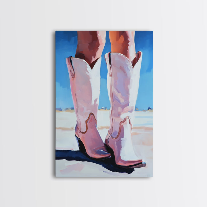Cowgirl Boots, coastal cowgirl wall art, pink abstract art, rustic art, fashion painting, boho art, framed canvas print, gift idea