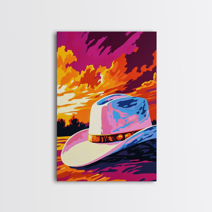 Cowboy Hat, Sunset Art, Rustic Wall Art, Pink Orange Wall Art, Canvas Print, Western Decor, Farmhouse Art, Above Couch Art