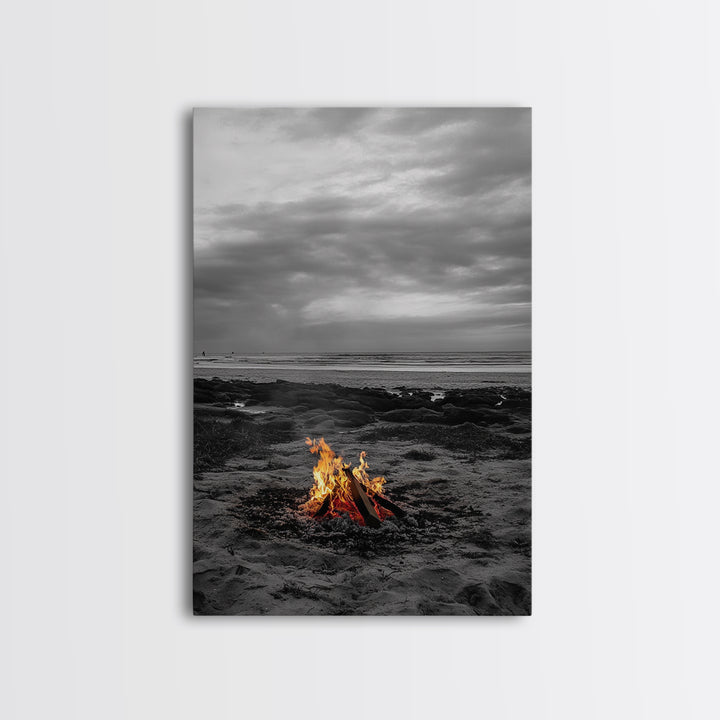 Beach bonfire, coastal art, ocean sunset, framed canvas print, nautical decor, seascape painting, cozy fire, moody beach art, fall vibes