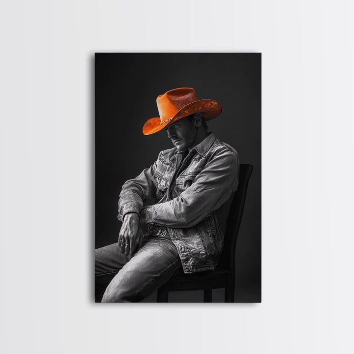 Cowboy portrait, rustic art, western style, framed canvas print, country decor, cowboy hat, moody photography, black and white wall art