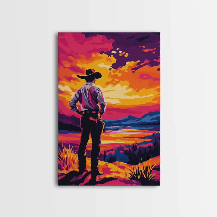 Cowboy at Sunset, pink orange wall art, Joshua tree art, southwest wall art, framed canvas print, landscape painting, moody art