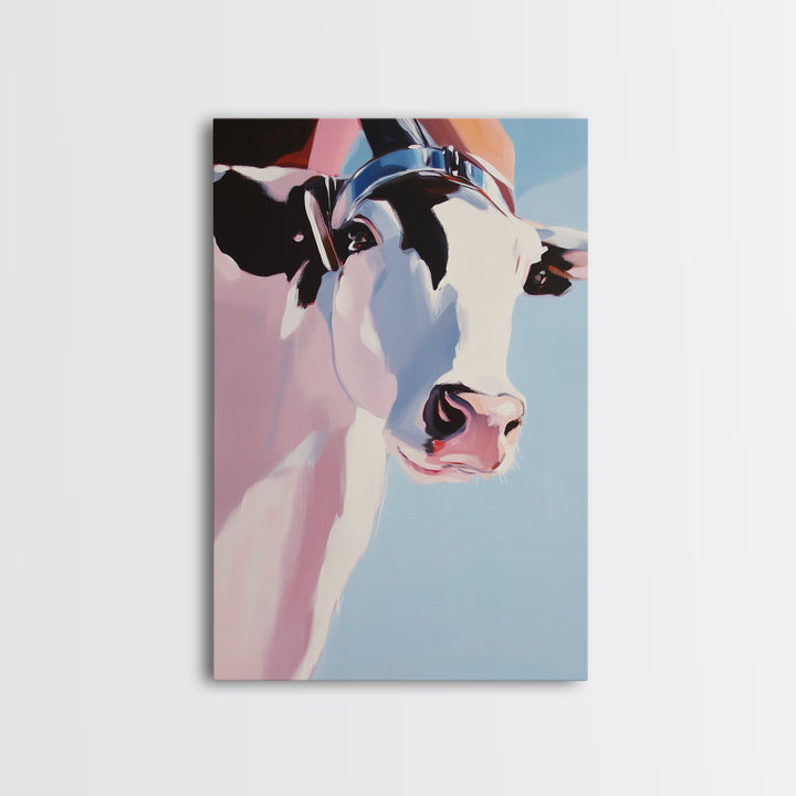 Cow with Hat, farmhouse art, black cowgirl painting, rustic decor, framed canvas print, whimsical art, light pink wall art