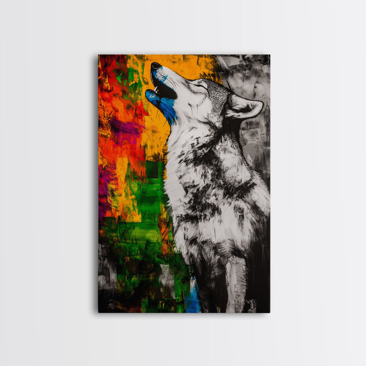 Black and White Wolf, graffiti wall art, rustic decor, moody art, southwest wall art, framed canvas print, dark romance painting