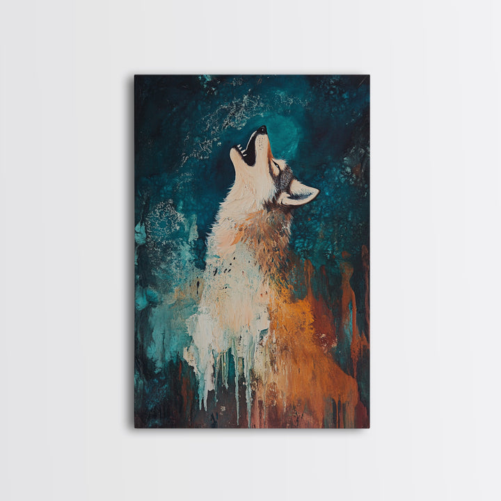 Abstract Wolf, howling at moon, moody blue tones, modern rustic art, wildlife painting, framed canvas print, dark romance painting