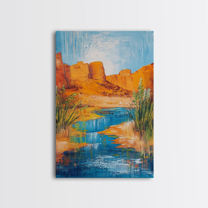Desert Oasis, vivid landscape, blue water, rustic nature art, warm tones, panoramic painting, framed canvas print, southwest wall art