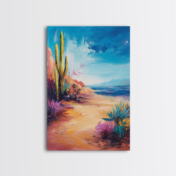 Beach Cactus, coastal landscape, vibrant colors, blue sky, desert meets sea, framed canvas print, coastal cowgirl wall art, boho art