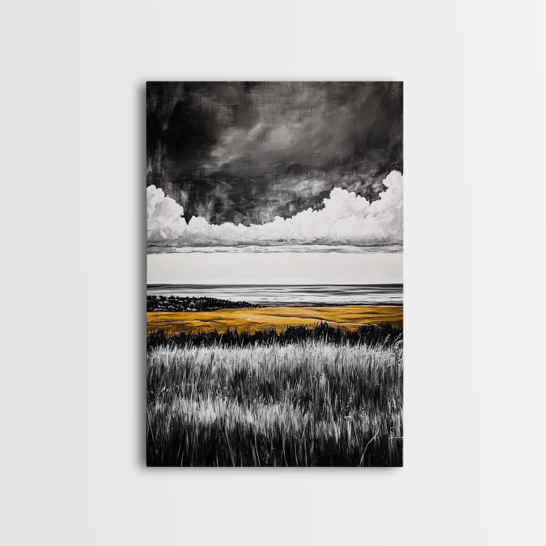 Moody Landscape, dramatic clouds, black and white, gold fields, panoramic art, rustic decor, framed canvas print, extra wide art