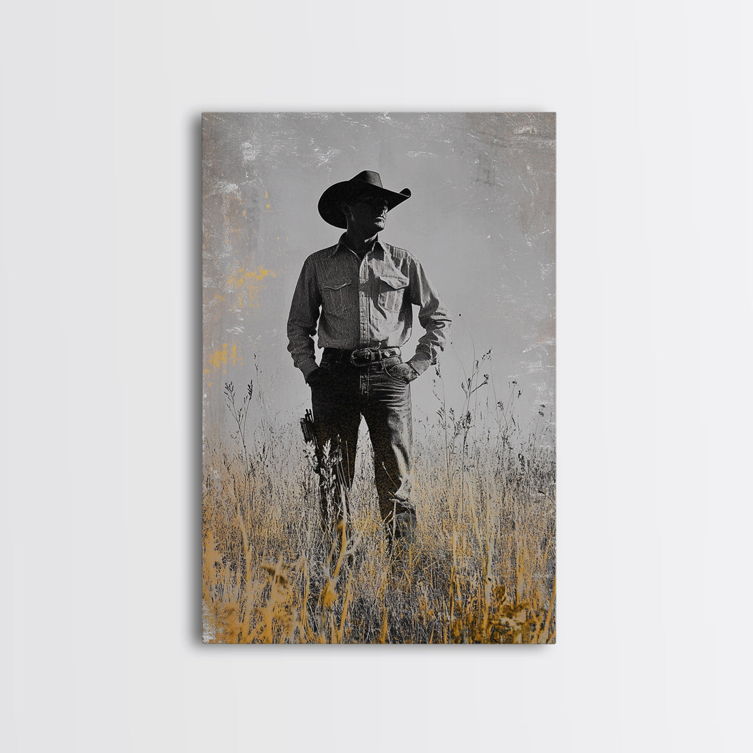 Lone Cowboy, Rustic Art, Western Wall Art, Wabi Sabi Art, Vintage Horse Art, Moody Art, Canvas Print, Framed Cowboy Painting