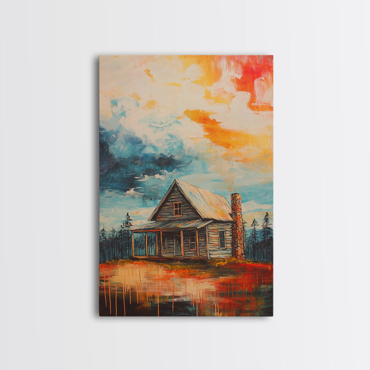 Cabin Painting, Autumn Landscape, Framed Canvas Print, rustic decor, mountain painting, landscape painting, smoky mountain art, extra wide art
