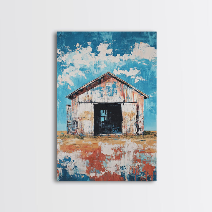 Rustic Barn, farmhouse art, landscape painting, blue and green wall art, extra wide art, panoramic art, Framed Canvas Print
