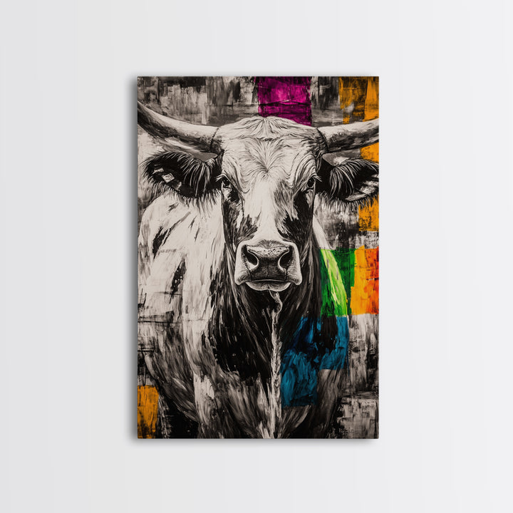 Black and White Cow, rustic art, farmhouse art, bull and bear art, southwest wall art, abstract animal painting, Framed Canvas Print