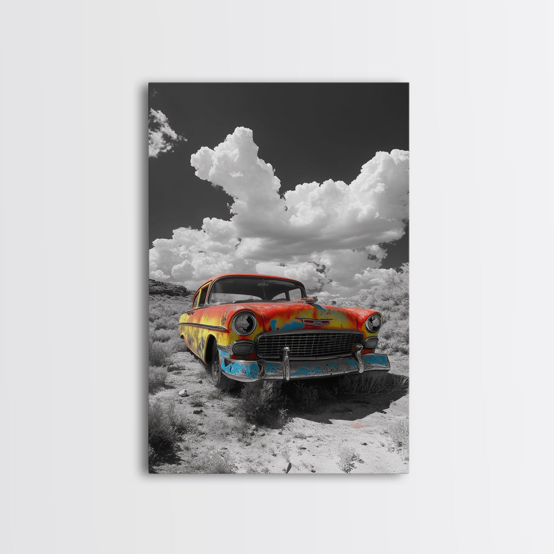 Vintage Car, Custom Car Painting, Graffiti Wall Art, Rustic Art, Old Car Scene, Moody Art, Framed Canvas Print, Landscape Art