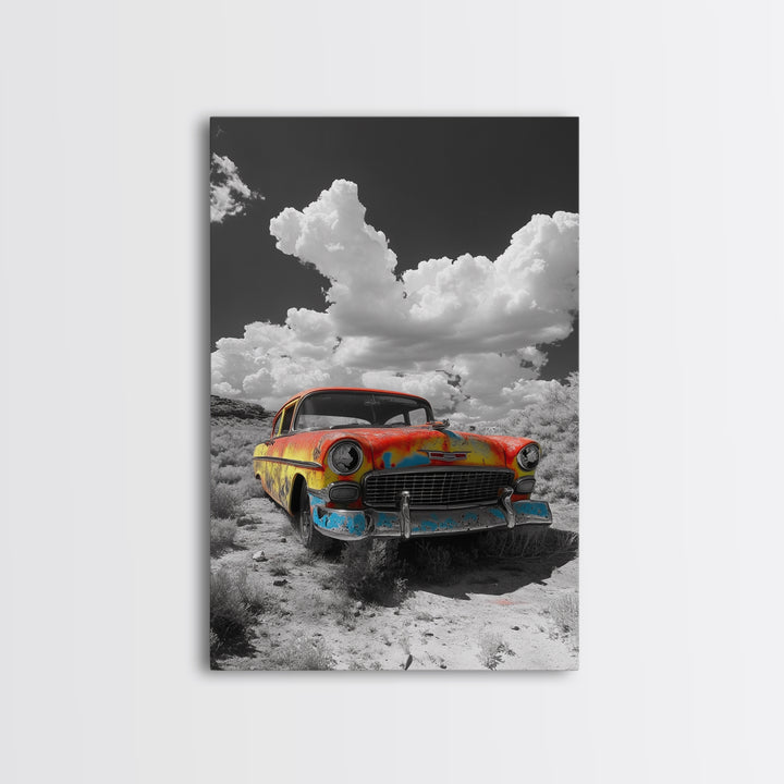 Vintage Car, Custom Car Painting, Graffiti Wall Art, Rustic Art, Old Car Scene, Moody Art, Framed Canvas Print, Landscape Art