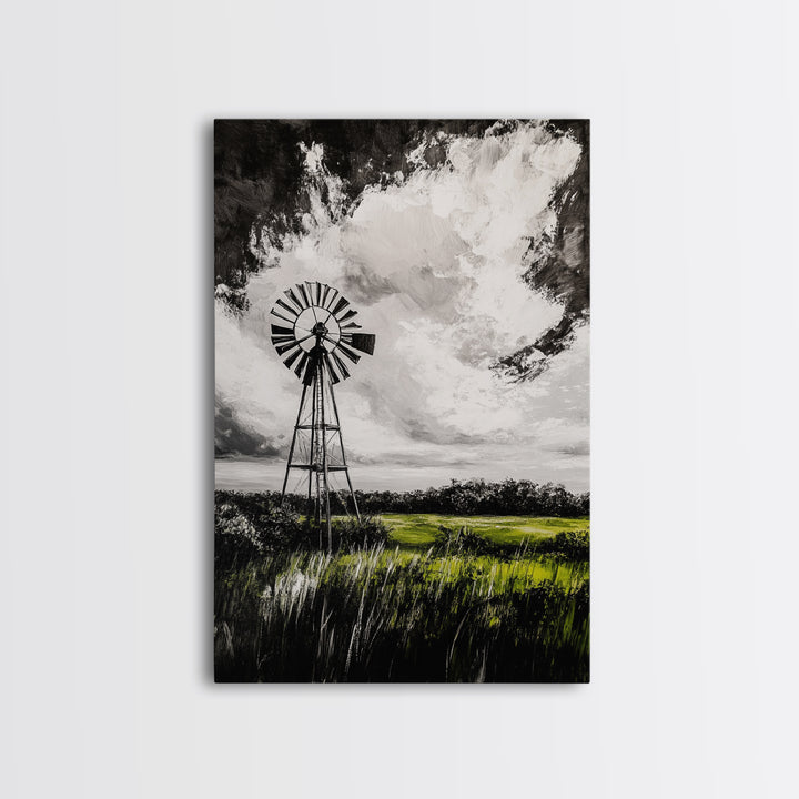Black and White Windmill, windmill wall art, rustic decor, farmhouse art, landscape painting, framed canvas print, above bed wall art