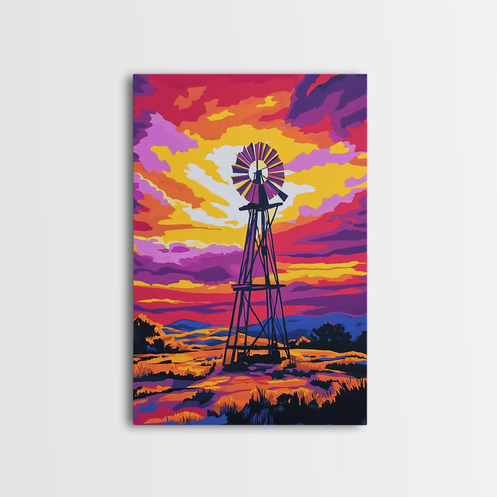 Vibrant Windmill Sunset, pink orange wall art, windmill wall art, rustic art, farmhouse art, canvas print, above couch art, gift idea for her