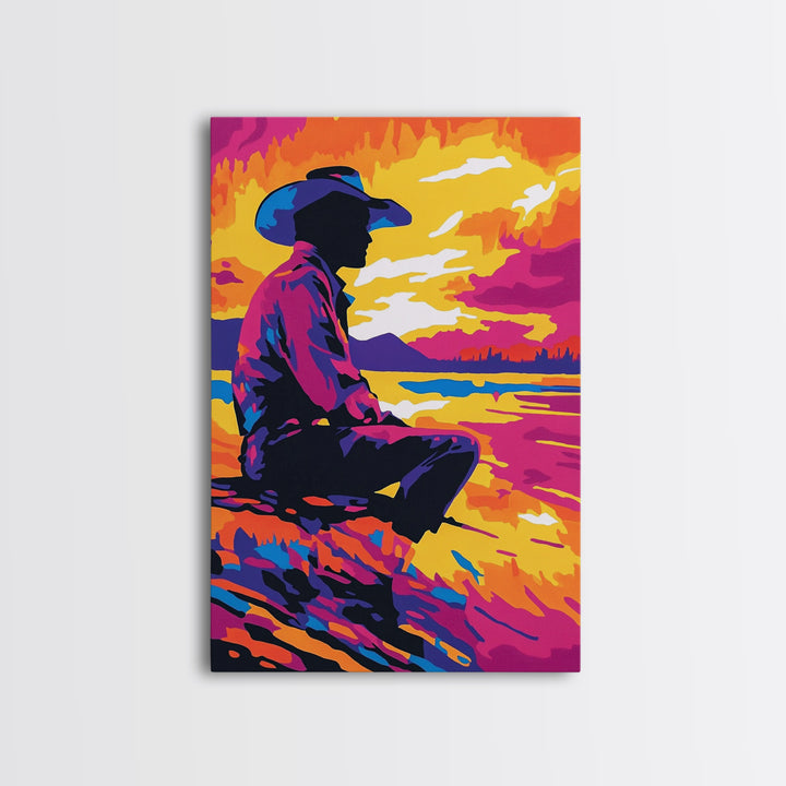 Cowboy Silhouette Sunset, southwest wall art, rustic decor, boho art, western art, pink orange wall art, canvas print, gift idea for him