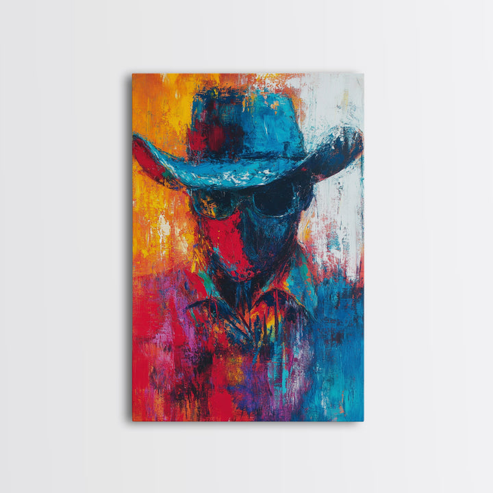 Abstract Cowboy Portrait, southwest wall art, rustic art, boho art, western art, lofi art, framed canvas print, gift idea for him