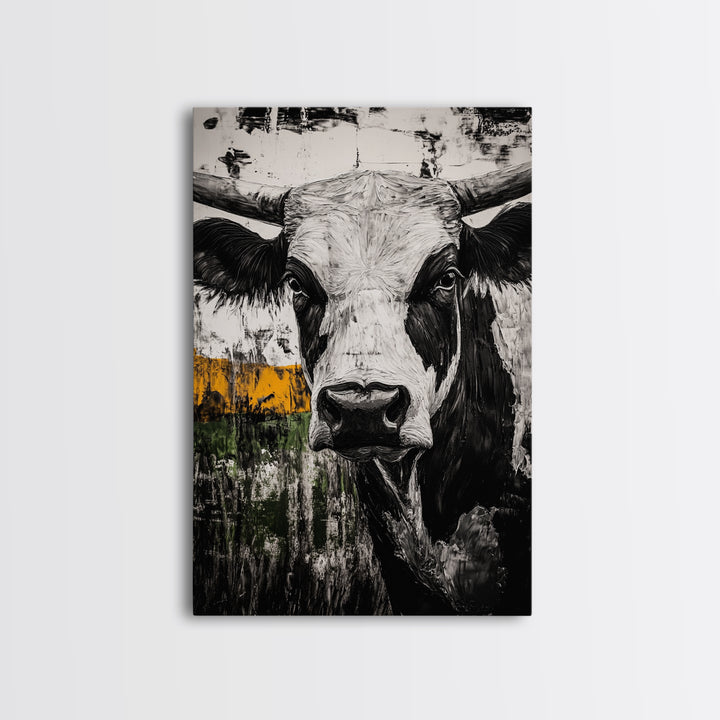 Black and White Bull, bull and bear art, rustic wall art, farmhouse art, moody art, framed canvas print, above couch art, gift idea for him