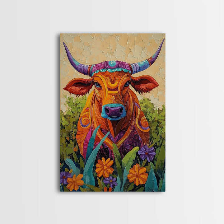 Colorful Bull Art, boho art, wabi sabi art, whimsical art, wildflower painting, framed canvas print, gift idea, rustic wall art