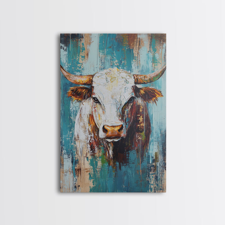 Rustic Cow Portrait, farmhouse art, rustic wall art, blue and green wall art, textured oil painting, canvas print, gift idea, wabi sabi art