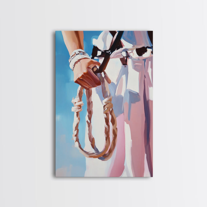 Cowgirl Holding Rope, Black Cowgirl Painting, Framed Canvas Print, Rustic Decor, Western Art, Feminine Art, Light Pink Wall Art