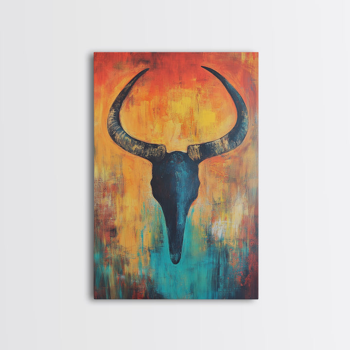 Bull skull painting, rustic wall art, western wall art, teal wall art, boho art, framed canvas print, farmhouse art, gift idea him