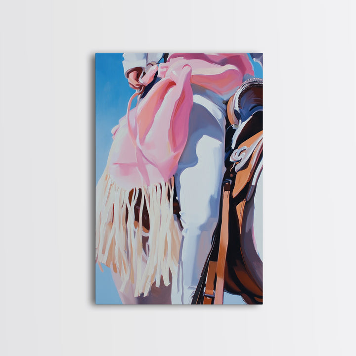 Cowgirl riding gear, western wall art, rustic decor, pink orange wall art, framed canvas print, cowboy decor, southwest wall art