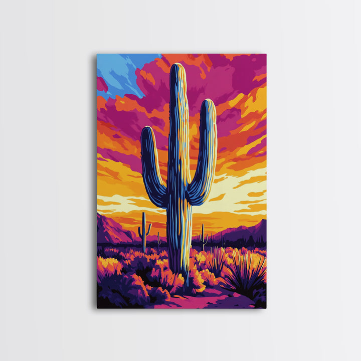 Saguaro Cactus, Desert Sunset, Vibrant Landscape, Southwest Wall Art, Canvas Print, Extra Wide Art, Rustic Decor, Joshua Tree Art