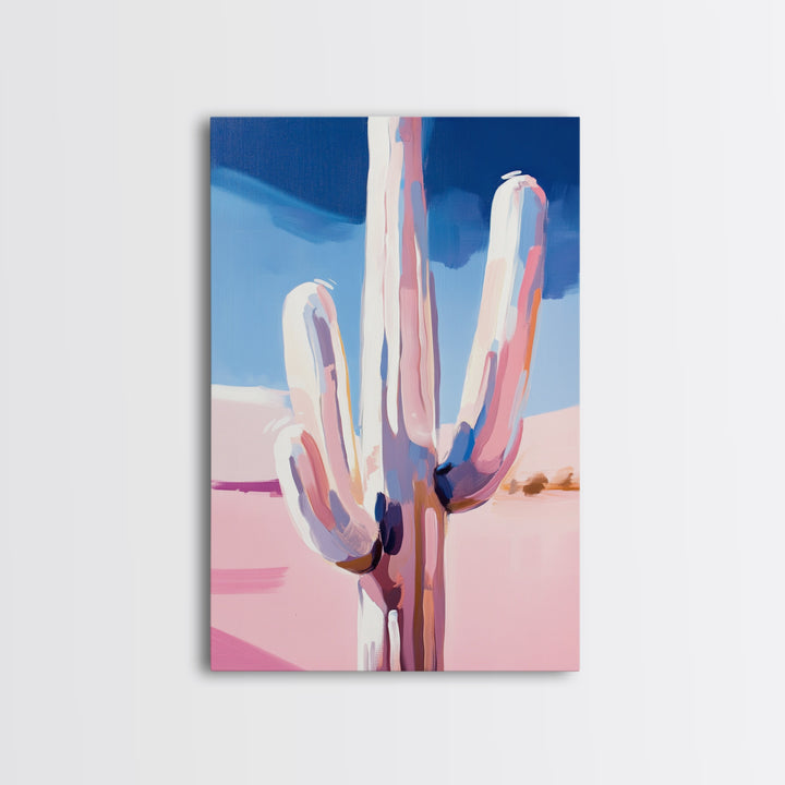 Abstract Cactus, Pastel Desert, Minimalist Landscape, Southwest Wall Art, Canvas Print, Vertical Wall Art, Boho Art, Light Pink Wall Art