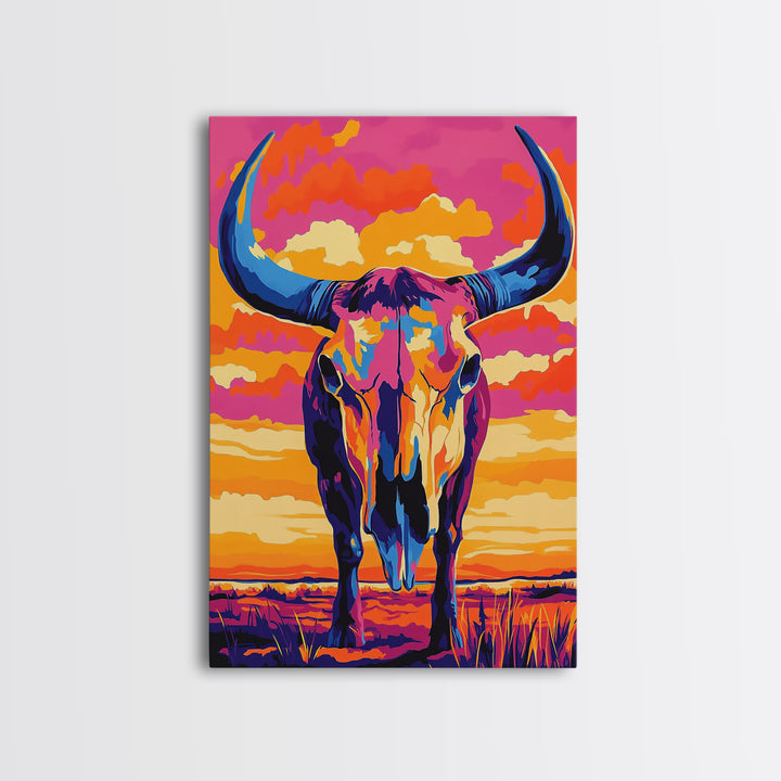 Bull Skull Art, Teal Wall Art, Rustic Wall Art, Framed Canvas Print, Moody Art, Boho Aesthetic, Extra Wide Art, Southwest Decor, Gift Idea