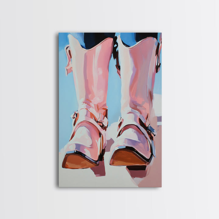 Cowboy Boots Painting, Coastal Cowgirl Wall Art, Western Decor, Farmhouse Art, Framed Canvas Print, Rustic Aesthetic, Bedroom Art, Gift Idea