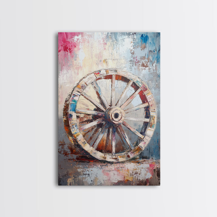 Abstract Rustic Wheel, Mosaic Wall Art, Teal Wall Art, Framed Canvas Print, Southwest Aesthetic, Moody Art, Farmhouse Decor, Gift Idea