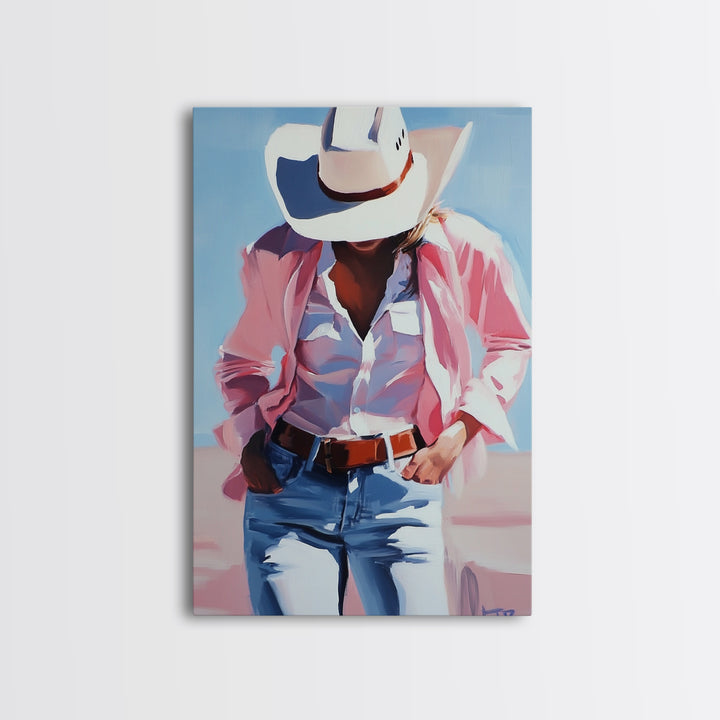 Cowgirl Painting, Coastal Cowgirl Wall Art, Western Decor, Framed Canvas Print, Rustic Aesthetic, Light Pink Wall Art, Gift Idea