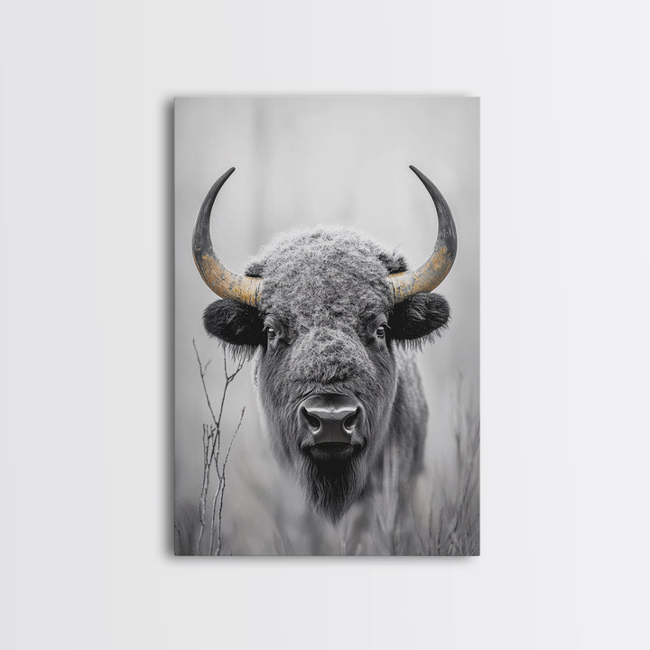 Bison, buffalo art, wildlife painting, framed canvas print, rustic decor, western wall art, moody nature, farmhouse animal art, southwest
