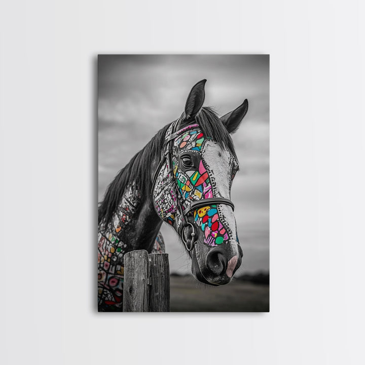 Painted Horse, Mosaic Wall Art, Blotter Art, Horse Wall Art, Boho Art, Colorful Western Art, Canvas Print, Gift Idea