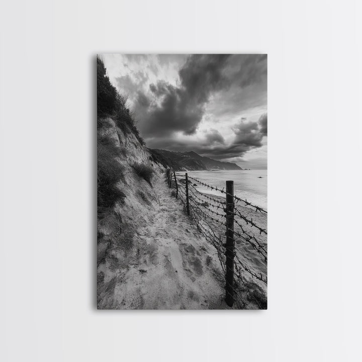 Coastal Path, stormy beach, dramatic sky, coastal wall art, black and white, framed canvas print, moody landscape, nautical decor