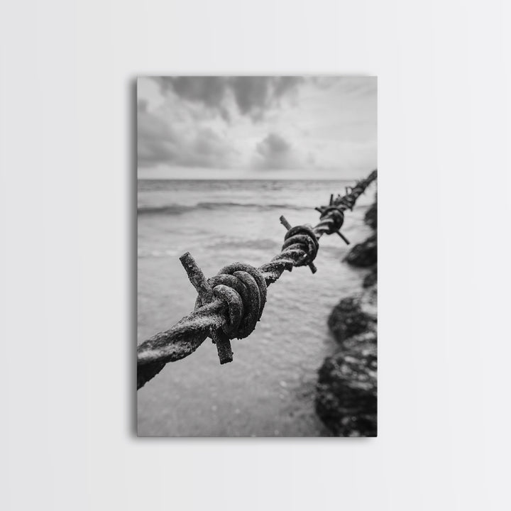 Barbed Wire, ocean view, rustic decor, coastal cowgirl wall art, wabi sabi art, moody photography, framed canvas print, minimalist art