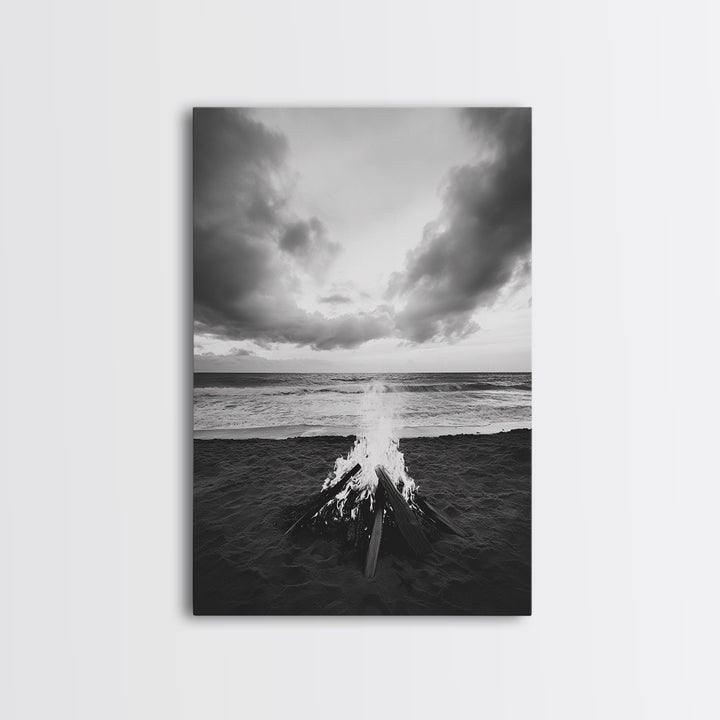 Beach Bonfire, coastal landscape art, rustic decor, moody art, dramatic seascape, black and white, framed canvas print, nautical wall art