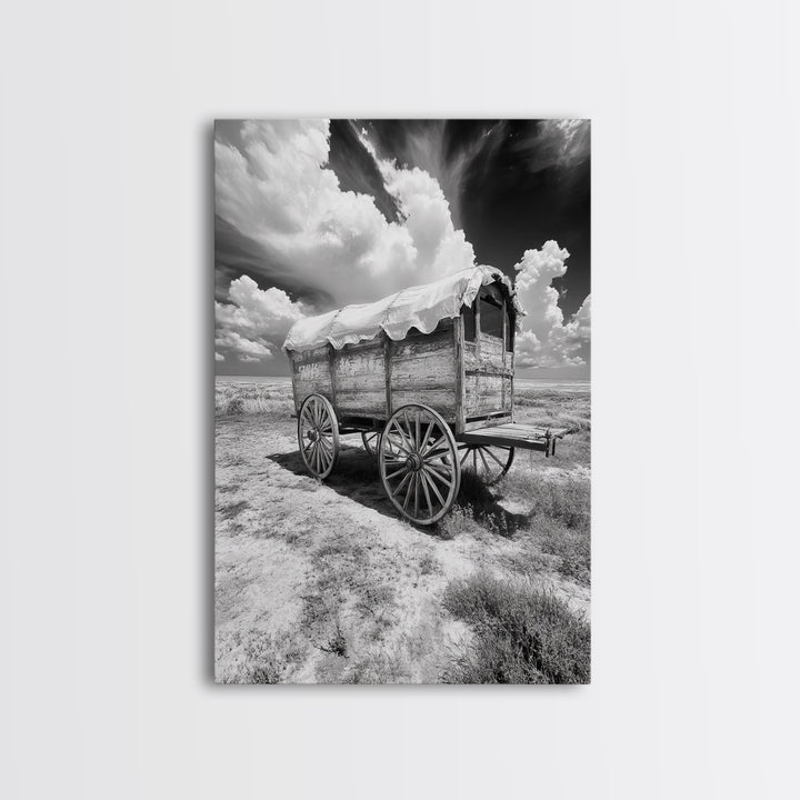 Covered wagon photography, rustic decor, framed canvas print, southwest wall art, farmhouse art, western aesthetic, black and white photography