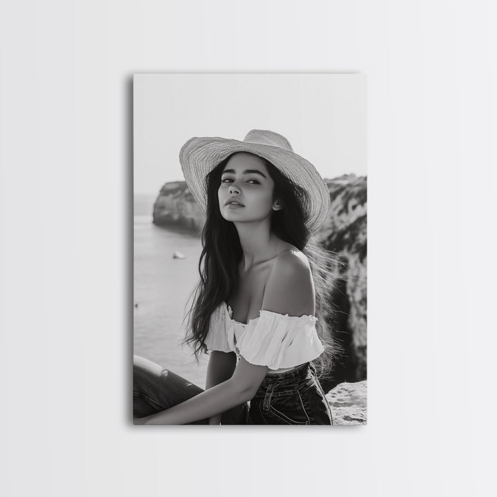 Coastal cowgirl wall art, boho art, framed canvas print, ocean photography, rustic decor, beach aesthetic, seascape painting, black and white art