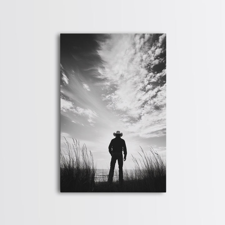 Lone Cowboy, coastal cowgirl wall art, moody art, western art, rustic decor, wabi sabi art, framed canvas print, extra wide art