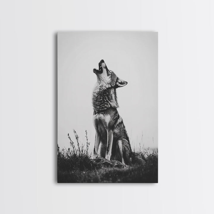 Howling Wolf, wildlife art, moody art, rustic decor, nature photography, black and white animal print, framed canvas print, minimalist art
