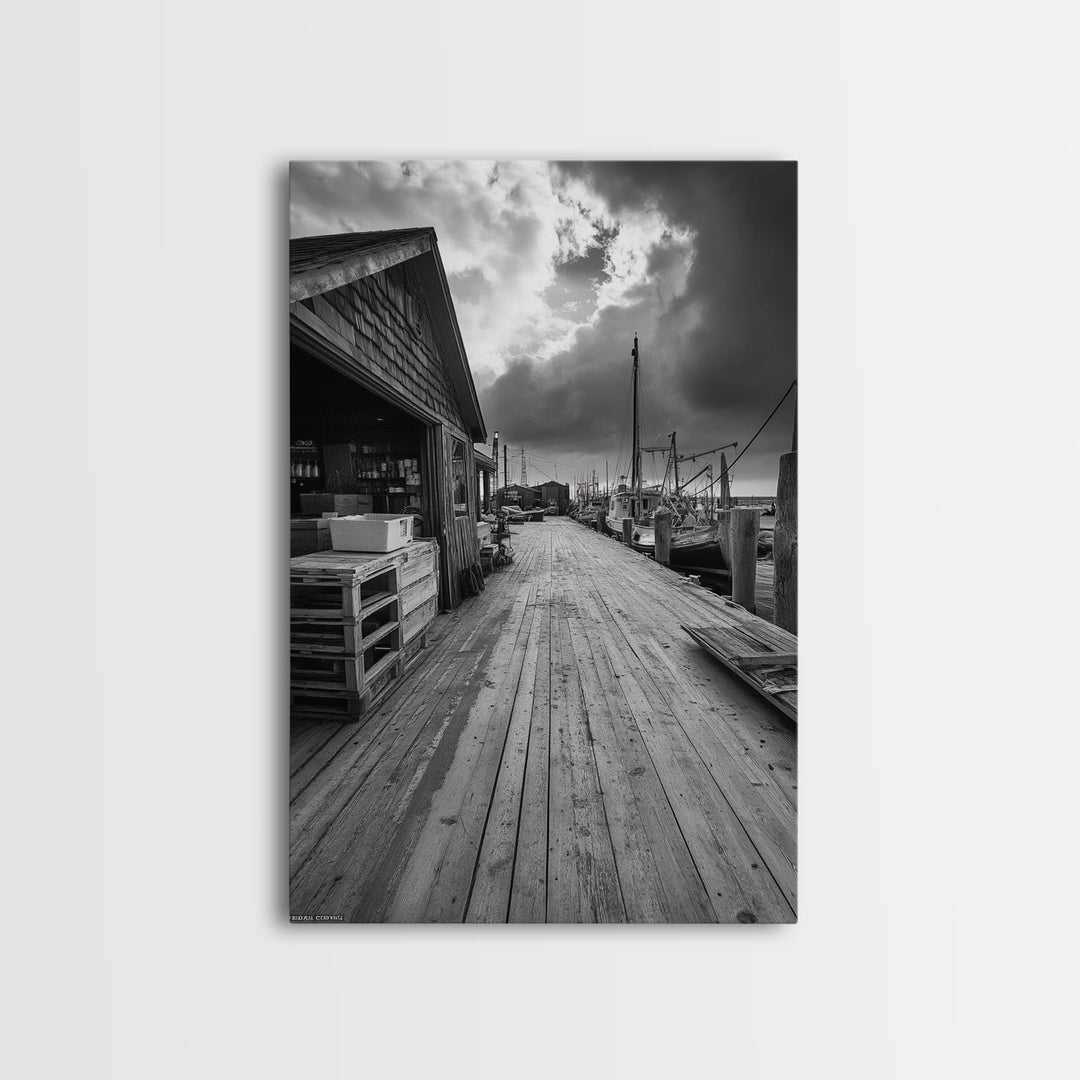 Fishing Dock, coastal decor, nautical wall art, seascape painting, rustic wall art, Nantucket painting, framed canvas print, horizontal art