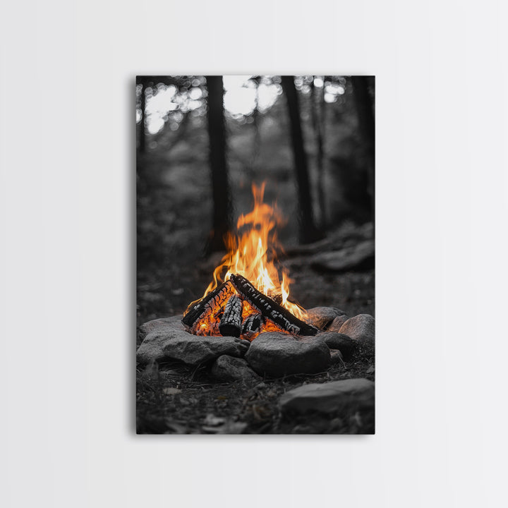 Campfire, rustic art, outdoor adventure, framed canvas print, wilderness decor, bonfire night, cozy cabin wall art, moody art, fall vibes