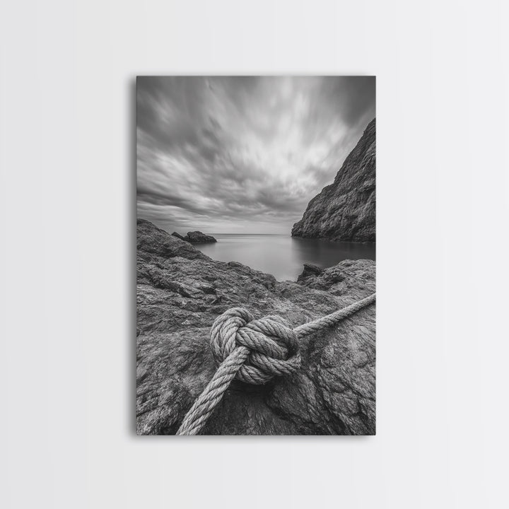 Nautical art, rope knot, coastal decor, moody art, wabi sabi art, rustic photography, living room art, canvas print, panoramic wall art