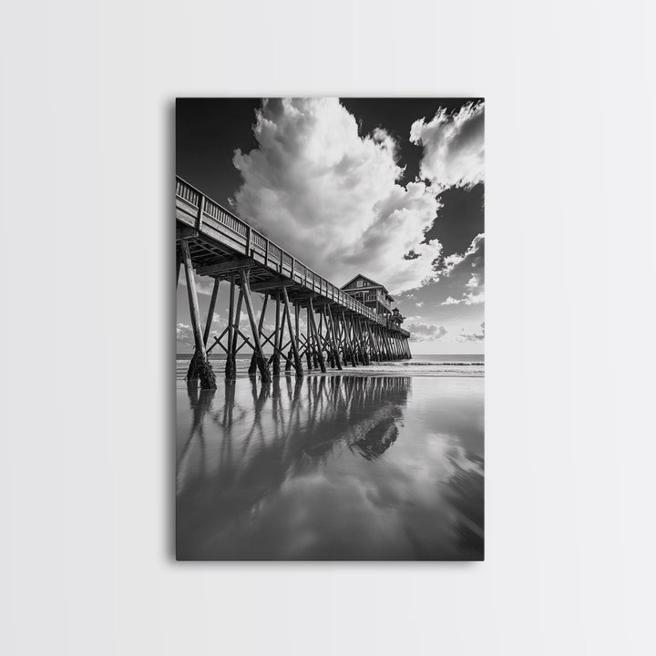 Pier reflection, seascape painting, nautical decor, rustic wall art, black and white photography, extra wide art, framed canvas print